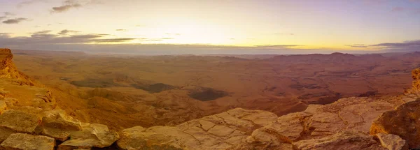 Vista Panorámica Del Amanecer Makhtesh Cráter Ramón Desierto Del Negev — Foto de Stock