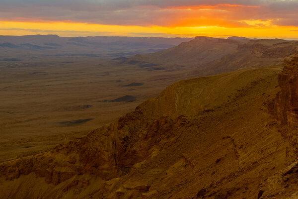 Sunset view of Makhtesh (crater) Ramon, in the Negev Desert, Southern Israel. It is a geological landform of a large erosion cirque