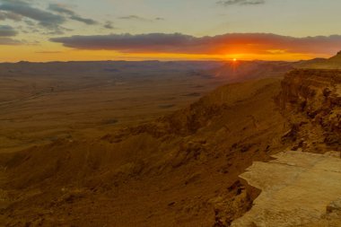 Sunset view of Makhtesh (crater) Ramon, in the Negev Desert, Southern Israel. It is a geological landform of a large erosion cirque clipart