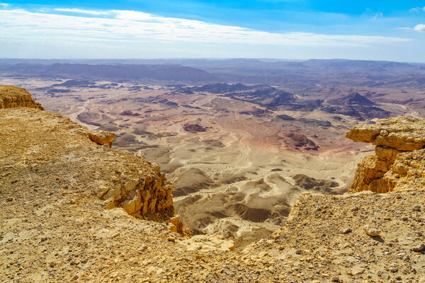 Landscape of Makhtesh (crater) Ramon (from mount Ardon), in the Negev Desert, Southern Israel. It is a geological landform of a large erosion cirque