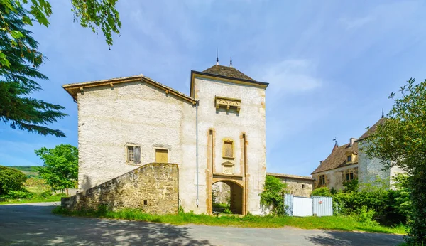 Viñedos y campo, y antiguo castillo, en Beaujolais — Foto de Stock