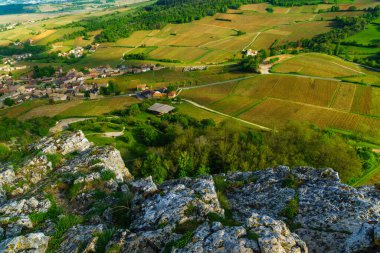 Saone-et-Loire bölümünde, Burgundy, Fransa'da Solutre Kayası'ndan (la roche) izlenen üzüm bağları ve kırsal arazi