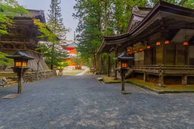 Koya Dağı 'ndaki (Koyasan) fenerlerle Danjo Garan Tapınağı Kompleksi' nin gün batımı manzarası