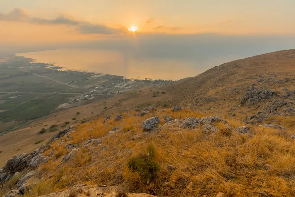 Soluppgången Utsikt Över Galileiska Sjön Från Berget Arbel Norra Israel — Stockfoto