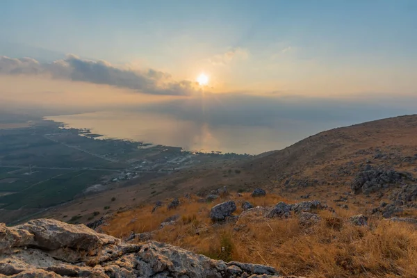 Wschód Słońca Widok Morze Galilejskie Góry Arbel Północny Izrael — Zdjęcie stockowe
