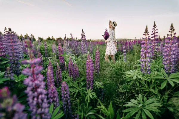 Lupin Tarlasında Geniş Açılı Fotoğraf Çeken Sarışın Bir Kız — Stok fotoğraf