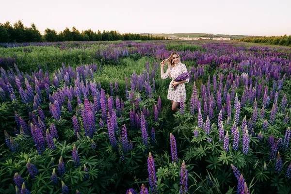 Lupin Tarlasında Geniş Açılı Fotoğraf Çeken Sarışın Bir Kız — Stok fotoğraf