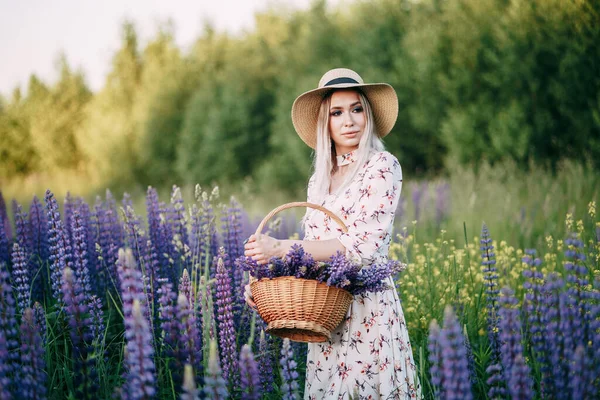 Lupin Tarlasında Sepeti Olan Elbiseli Sarışın Bir Kız — Stok fotoğraf