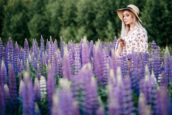 Lupin Tarlasında Sepeti Olan Elbiseli Sarışın Bir Kız — Stok fotoğraf