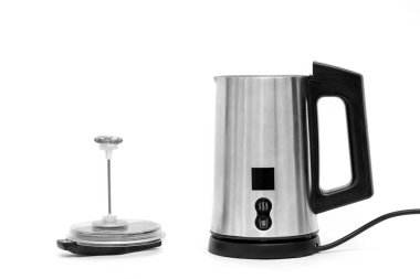 The milk foam maker is automatic.  The frother is made of stainless steel with a black plastic top, handle, buttons and power cord. clipart