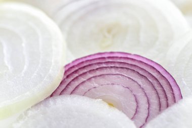 Mor ve beyaz soğanlar daireler halinde dilimlenir. Arkaplan.
