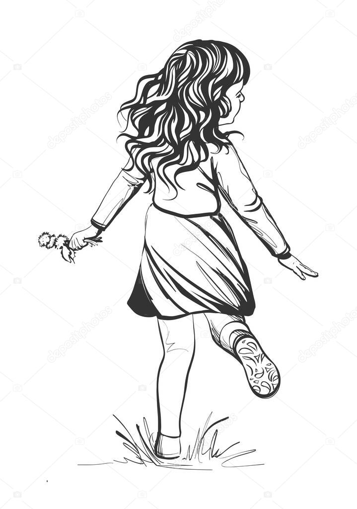 Illustration. A little girl is spinning, dancing with a bouquet of flowers. Black and white sketch.