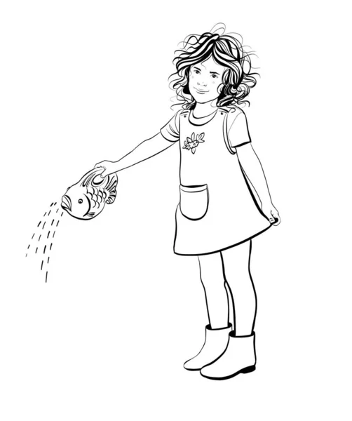 En liten flicka som vattnar blommor. Färgning. Svartvitt. — Stock vektor