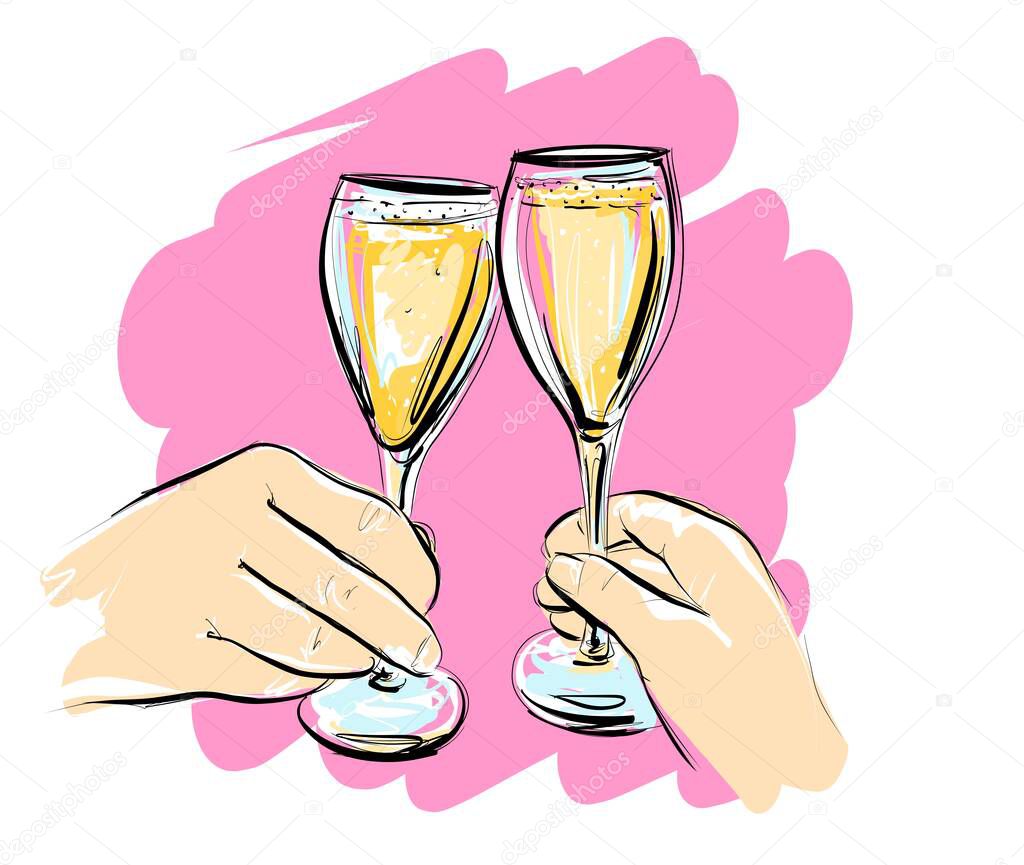 Illustration. Two glasses of champagne. A couple clink glasses of wine.