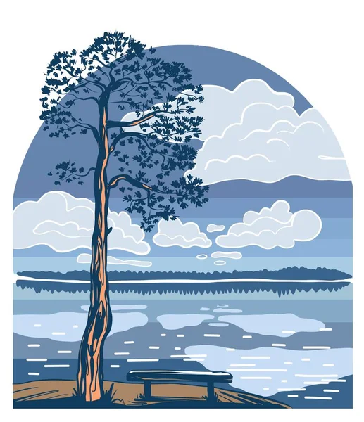 Ilustración. Vector de naturaleza. Un pino y un banco cerca de un lago forestal. Nubes reflejadas en el agua. — Vector de stock