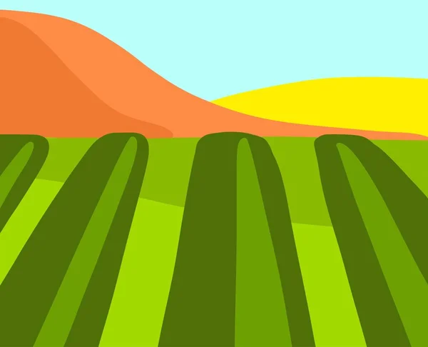 Paisaje. El campo está rayado con montañas. Estilo brillante plano. — Vector de stock