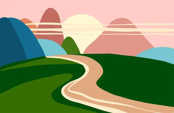 Paysage. Coucher de soleil nature dans les montagnes. Style minimaliste coloré plat — Image vectorielle