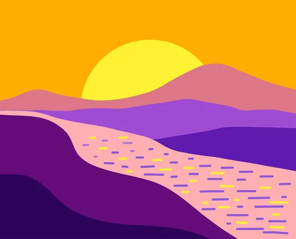 Rivière et montagnes au coucher du soleil. Paysage naturel pour le fond. — Image vectorielle