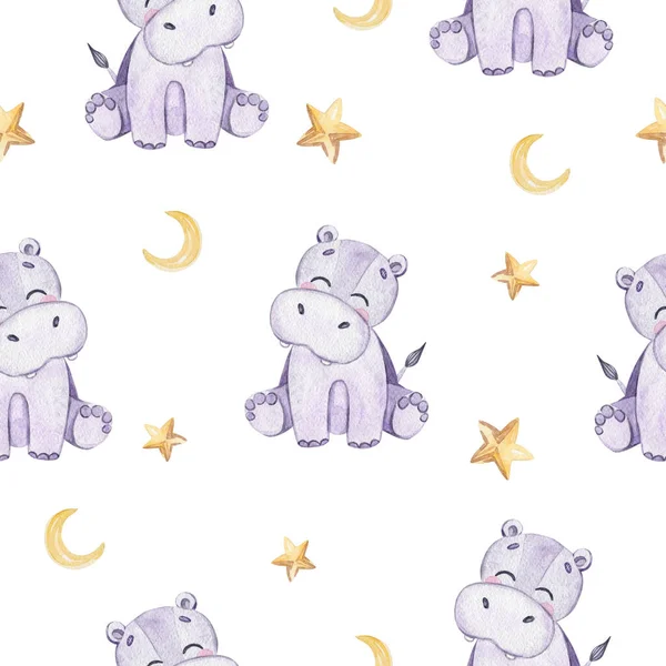 watercolor cute hippo and stars  seamless pattern on white background for fabric,baby textile,pajamas,branding,invitations,scrapbooking,wrapping