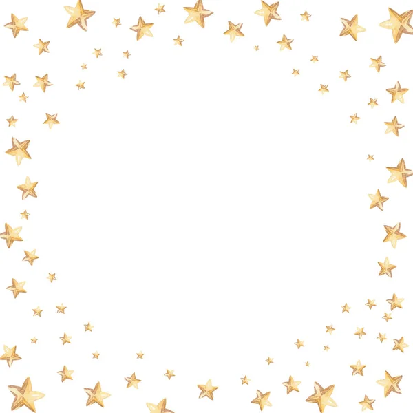 watercolor hand drawn golden stars round frame on white background