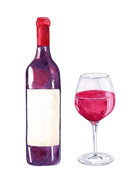 watercolor hand drawn red wine bottle and glass isolated on white background for print,poster,cafe menu design,decoration