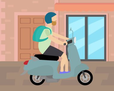 Sokakta scooterını süren bir erkeğin çizim vektör tasarımı.