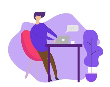 İnsanın kendi dizüstü bilgisayarıyla çalıştığı illüstrasyon vektör tasarımı. Serbest çalışan biri. Evde çalış..