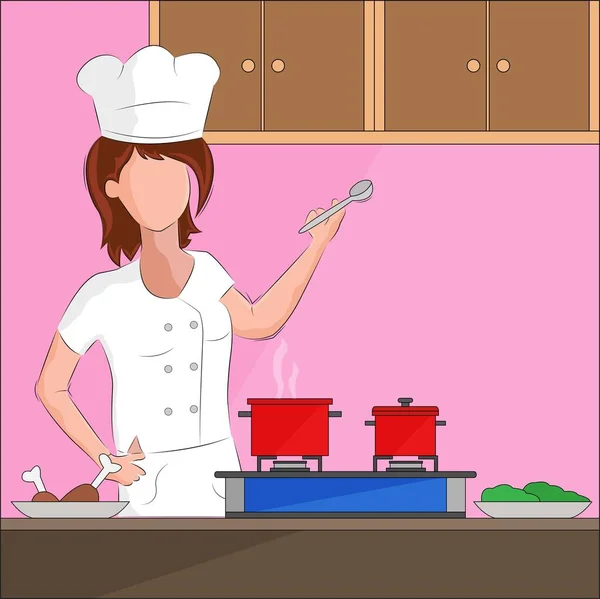 Ilustracja Wektor Projekt Tła Sexy Szef Kuchni Dziewczyna Jest Gotowanie — Wektor stockowy