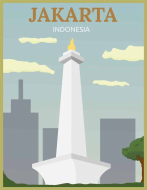 Jakarta 'daki Mona' ların retro ve vintage seyahat posterlerinin illüstrasyon vektör tasarımı