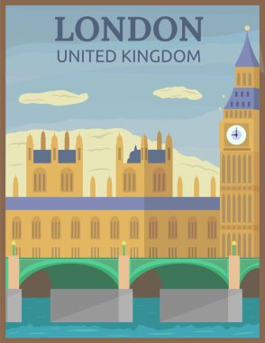 Büyük Ben 'in Londra, İngiltere' deki retro ve vintage seyahat posterlerinin illüstrasyon vektör tasarımı