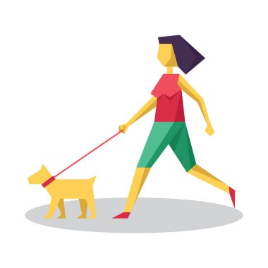 Kız köpeği yürüyüşe çıkarıyor.