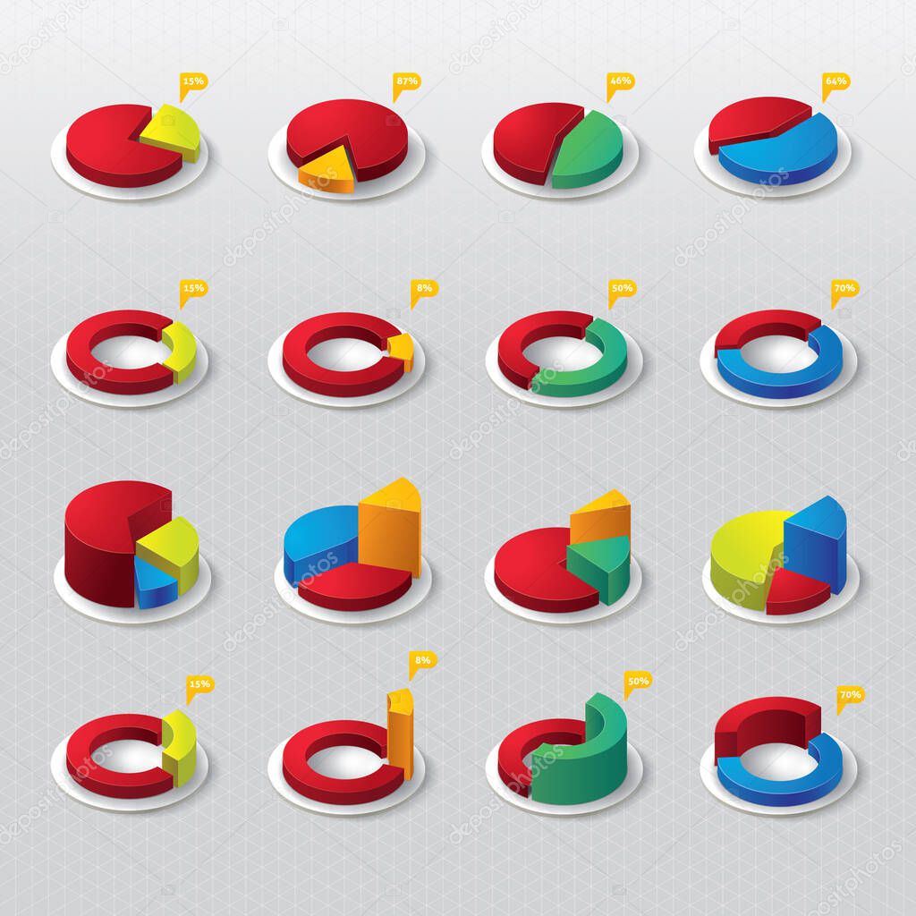 Collection of Three dimensional pie charts and diagrams