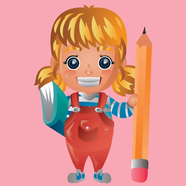 Mädchen Mit Großem Bleistift Und Buch — Stockvektor