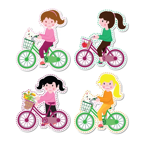 Meninas Montando Etiquetas Bicicleta —  Vetores de Stock