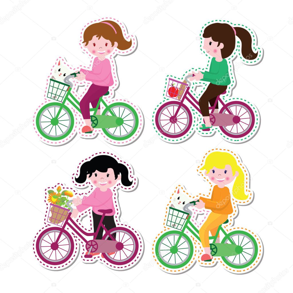 Girls riding bicycle labels