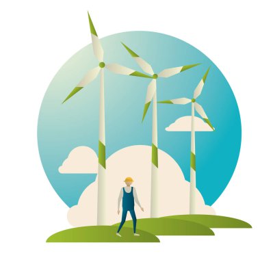 Rüzgar türbinleri olan bir adam.