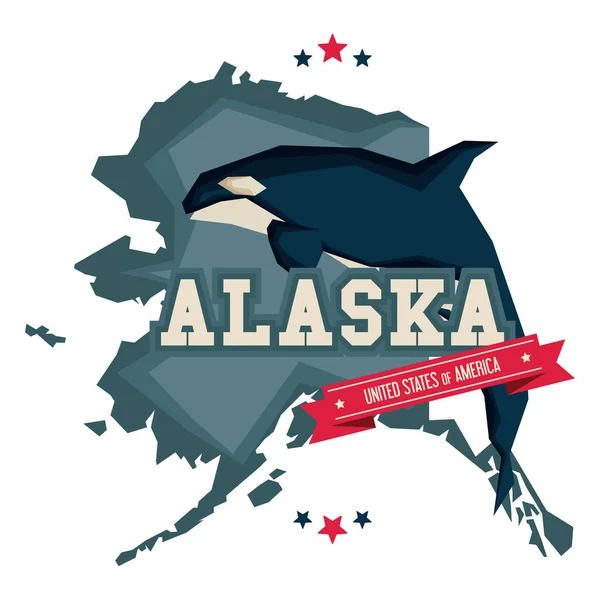 Mapa Alasca Com Baleia Assassina —  Vetores de Stock