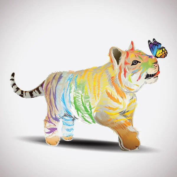 Tigre Colorido Jugando Con Mariposa — Vector de stock