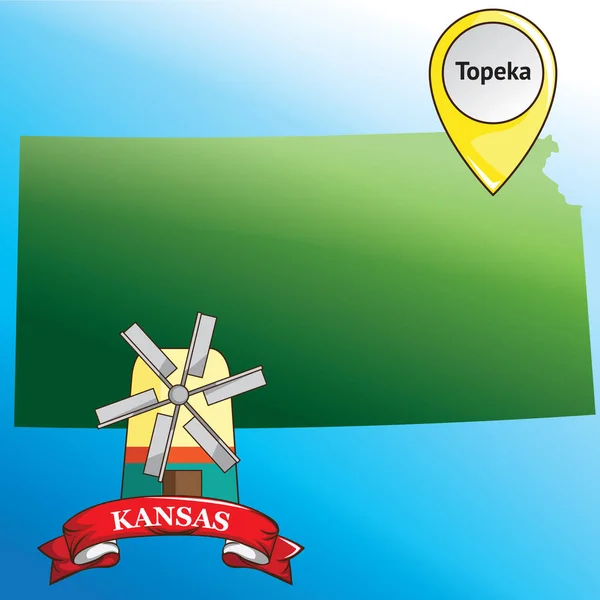 Mapa Kansas Con Molino Viento — Vector de stock