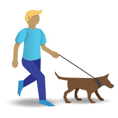Çocuk köpeği yürüyüşe çıkarıyor.