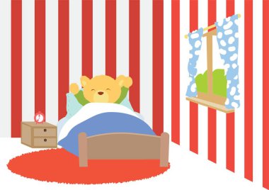 Oyuncak ayı yatakta uyuyor.