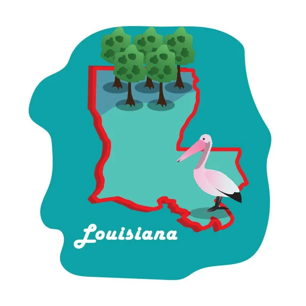 Mappa Stato Della Louisiana Con Pellicano Marrone Orientale — Vettoriale Stock