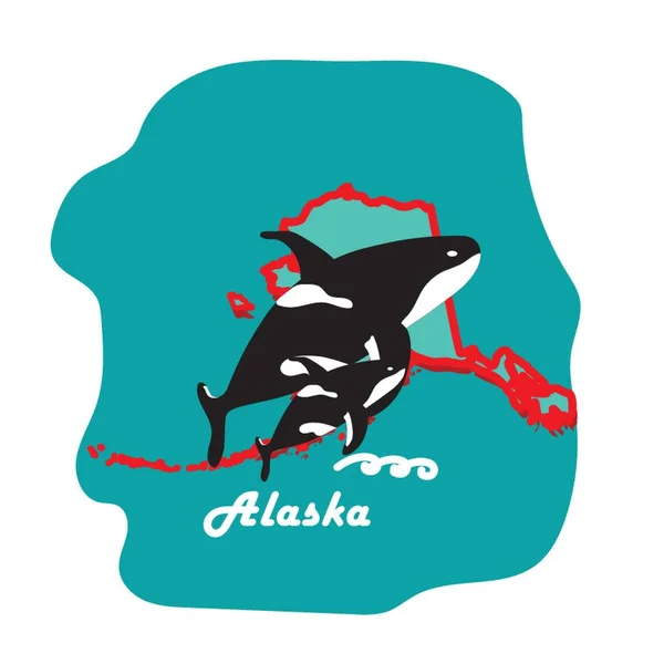Mapa Estado Alasca Com Baleia Assassina —  Vetores de Stock