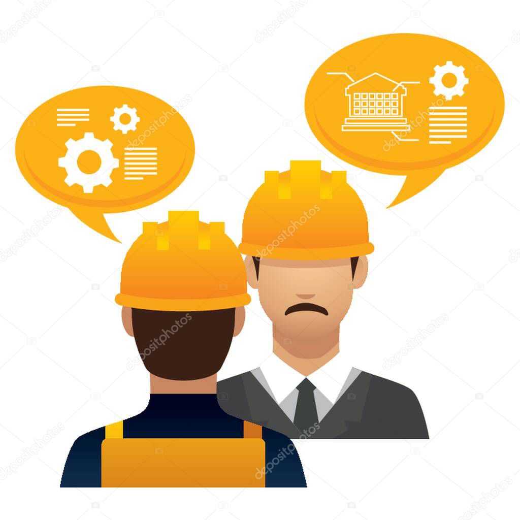 construction worker and engineer with speech bubbles