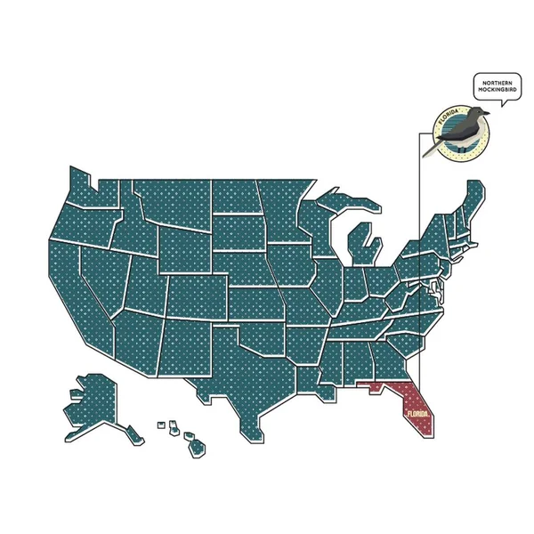 Nós Mapa Com Florida Pássaro Estado — Vetor de Stock