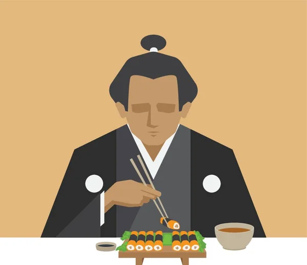 吃鲑鱼寿司卷的人 — 图库矢量图片