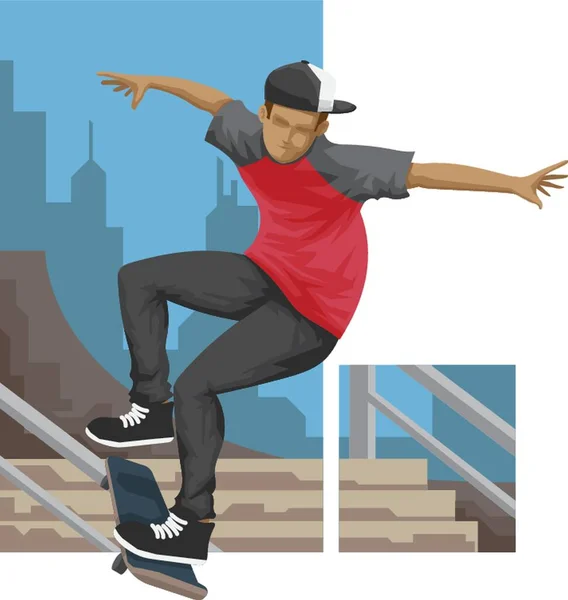 Jongen Skateboarden Reling — Stockvector