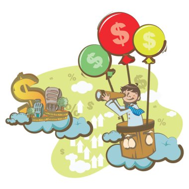 Hava balonlarıyla uçan iş adamı.