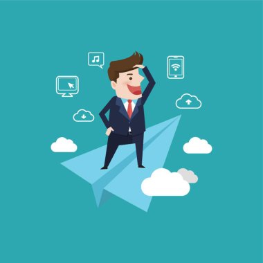 Kağıt bir roketle seyahat eden iş adamı