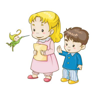 Küçük kız ve oğlan elf 'le oynuyor.